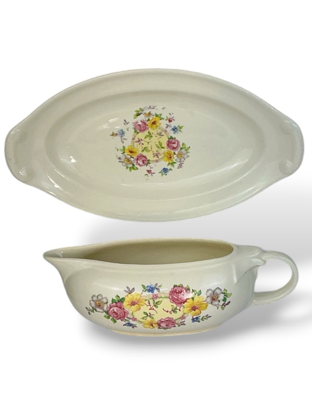 Vintage Taylor Smith China Gravy Boat & Dish Floral Creamy Ivory 2 Pc MCM 1940’s